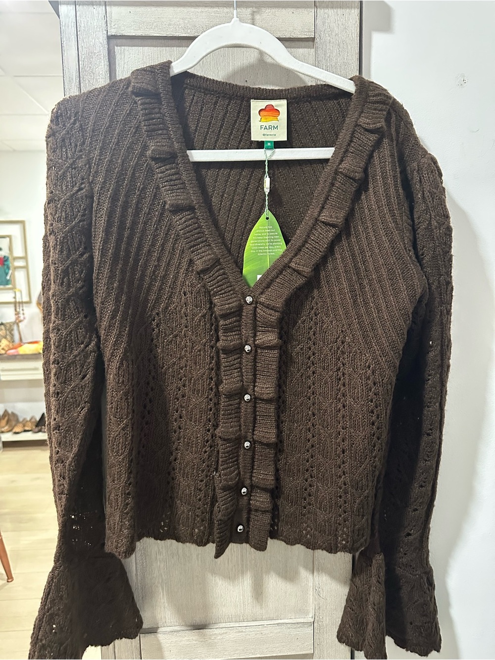 FARM Rio Chocolate Brown Ruffle Cable-Knit Cardigan - Picture 3 of 7